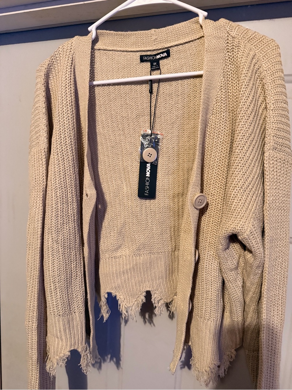 Fashion Nova Beige Distressed Button-Front Open Cardigan